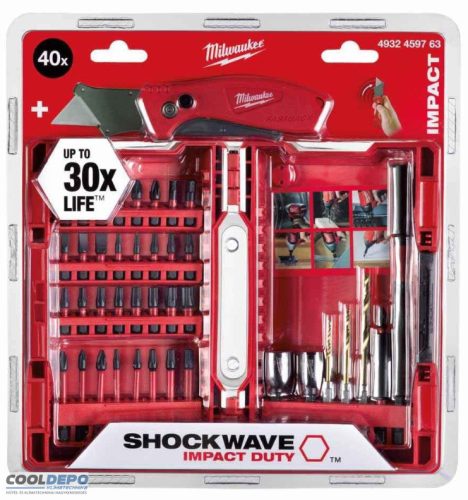 Milwaukee Shockwave Impact Duty™ bit- és dugókulcs készlet, 40 darabos + FASTBACK™ kompakt összecsukható kés