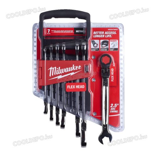 Milwaukee MAX BITE™ csuklós fejű racsnis csillag-villáskulcs készlet, metrikus, 7 darabos
