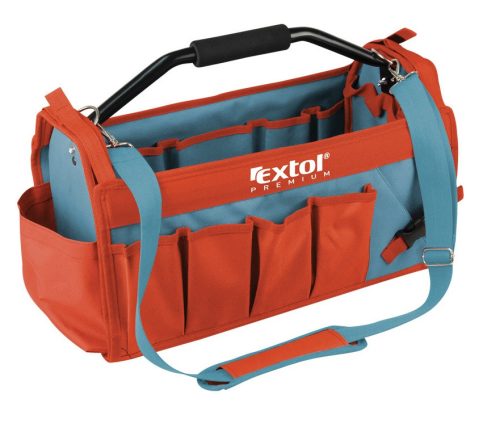 SZERSZÁMTÁSKA, acélcső vázas, 49×23×28cm, 31 zseb, nylon, állítható, párnázott hordpánt+merev acél fogantyú