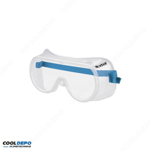 Védőszemüveg, víztiszta, sík polikarbonát lencse, gumis fejpánt, CE, optikai osztály: 1, ütődés elleni védelmi osztály: F