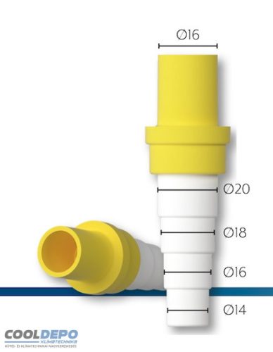 KONDENZVÍZ ELVEZETŐCSŐ ÁTALAKÍTÓ 16MM, (MEREV/GÉGECSŐ KÖZÖTT) SÁRGA